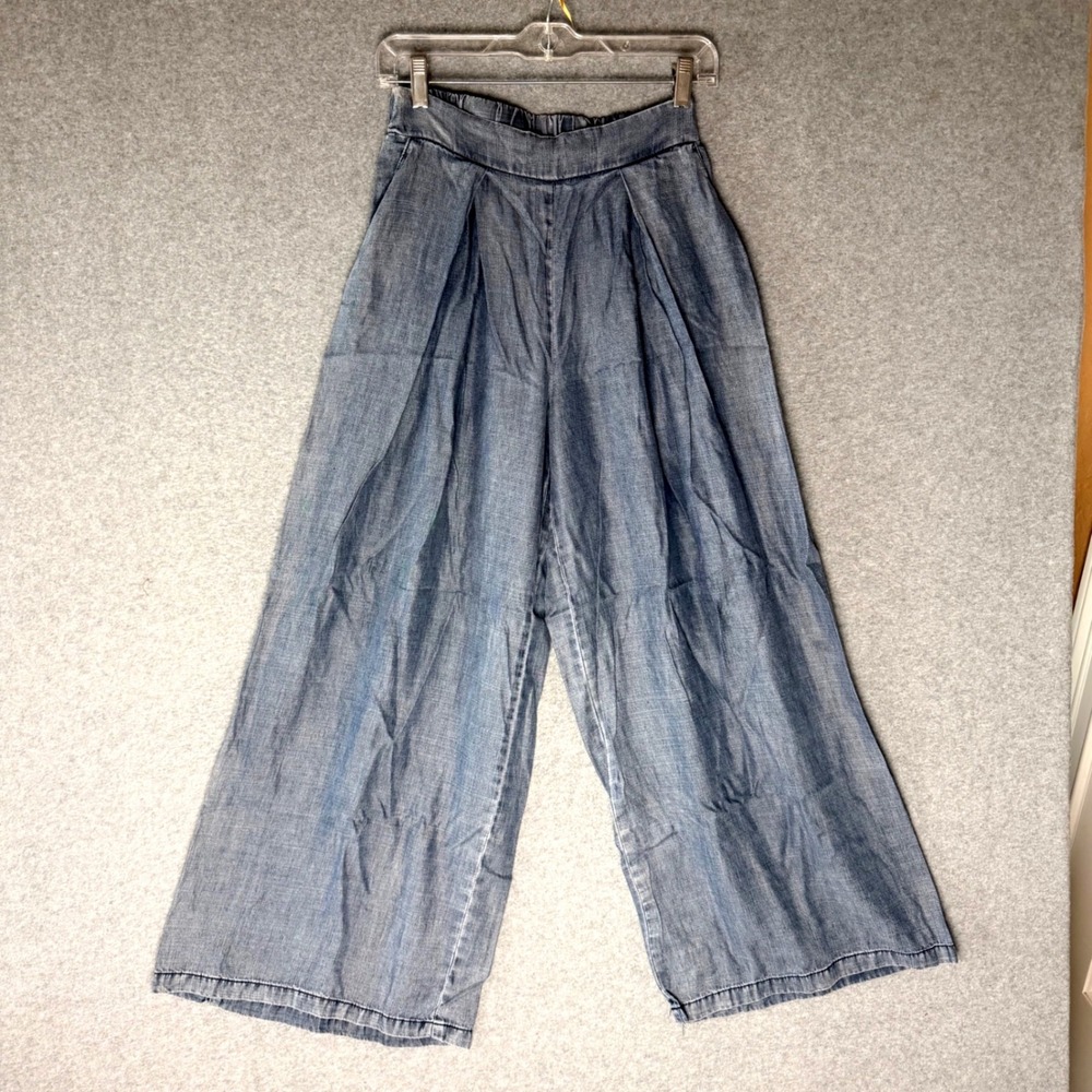 Hunter & Brown Women's XS Blue Chambray Wide Leg Pleated High Rise Pants